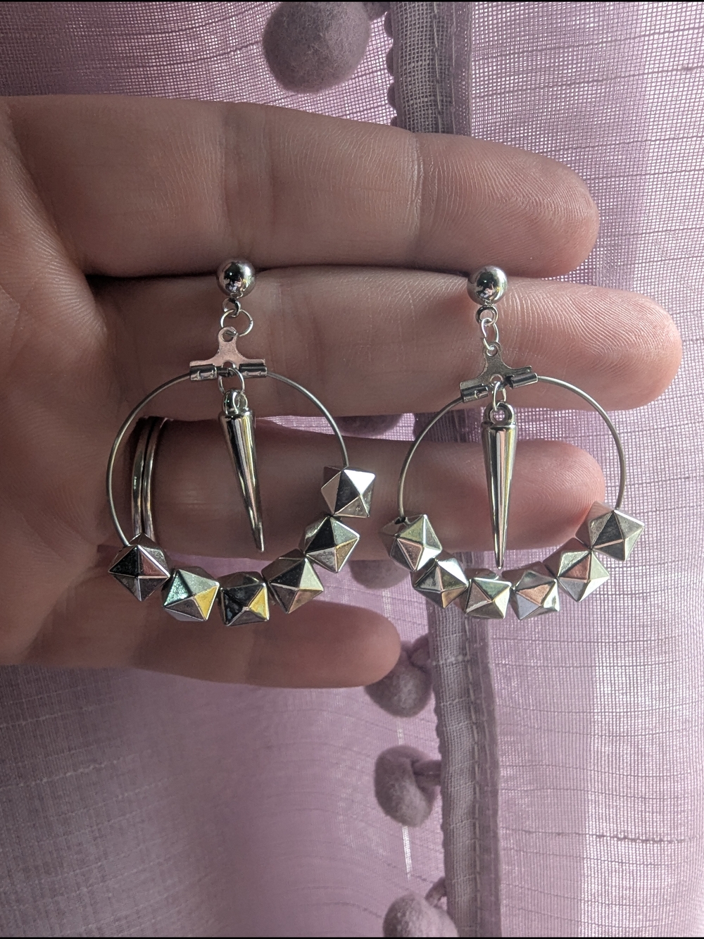 Silver Spike Hoop Earrings with Pyramid Stud Accents - Women Jewelry